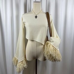 Handmade Cream Off Shoulder Fringe Bell Sleeve Crop Top Cream Boho Statement